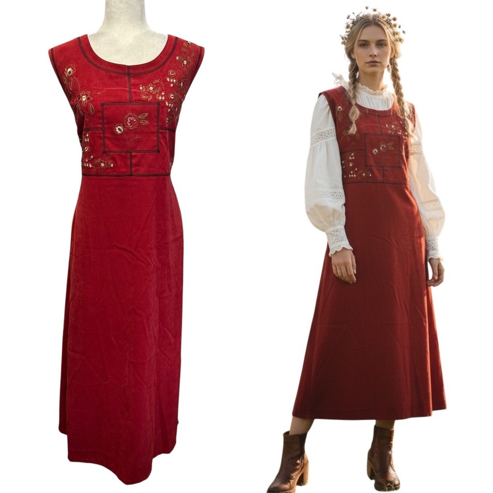 Vtg 90s Red Velvet Maxi Dress Size XL Jumper Floral Embroidered Cottagecore Y2K